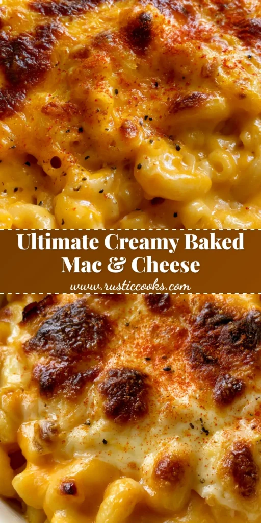 A close-up of creamy Baked Macaroni and Cheese with a toasted golden-brown crust and paprika dusting in a white ceramic dish.