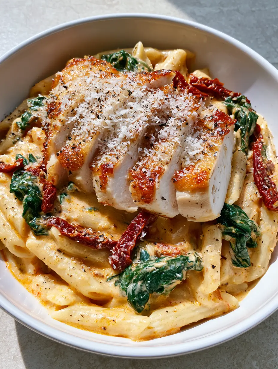 Creamy Tuscan Chicken Pasta with Sun-Dried Tomatoes and Spinach 4 Close up of penne pasta coated in a thick garlic parmesan sauce with wilted spinach and sliced chicken breast.