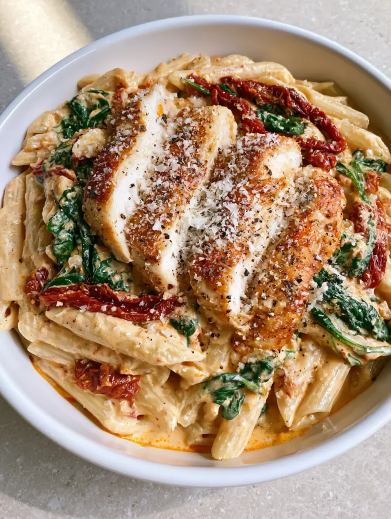 Creamy Tuscan Chicken Pasta with Sun-Dried Tomatoes and Spinach 1 Creamy Tuscan Chicken Pasta served on a light grey stone surface in natural daylight.