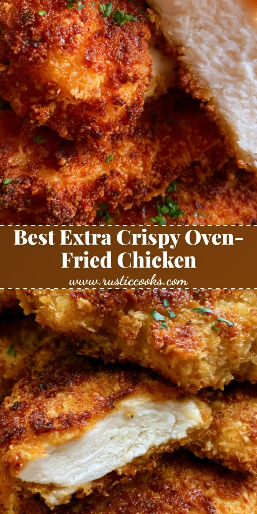 A stack of crispy Oven Fried Chicken pieces with a golden-brown breadcrumb crust and fresh parsley flakes.