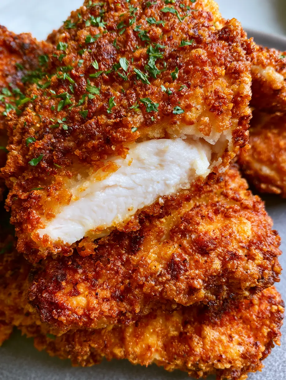 Extreme close-up of Oven Fried Chicken pieces stacked, showing deep amber highlights and toasted ridges in the breading.