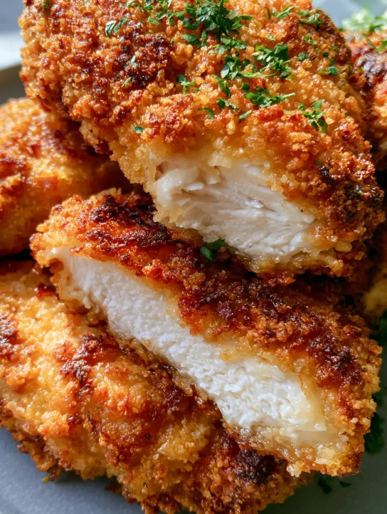 A broken piece of Oven Fried Chicken revealing a juicy, steaming white breast meat interior under a crispy coating.