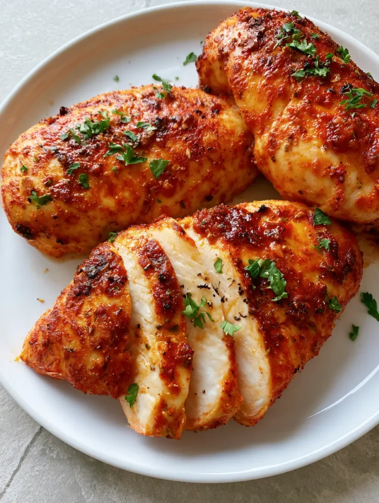 Baked Boneless Chicken Breast: The Ultimate Guide to Juicy, Golden-Brown Results 2 Close-up of three Baked Boneless Chicken Breasts glistening with natural juices and a visible paprika garlic rub on a gray stone background.