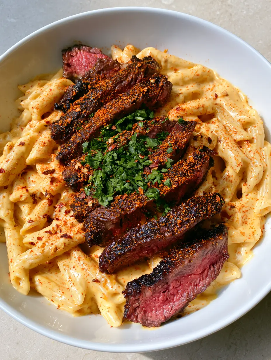 Cajun Steak Pasta with Thick White Cheddar Cream Sauce 3 Top view of Cajun Steak Pasta showing the thick white cheddar cream sauce and parsley garnish.