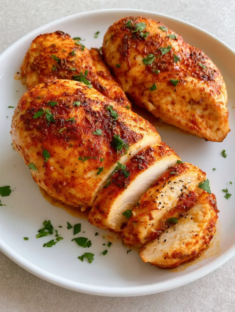 Baked Boneless Chicken Breast: The Ultimate Guide to Juicy, Golden-Brown Results 1 Baked Boneless Chicken Breast sliced into thick medallions on a white plate, showcasing a moist opaque interior and green parsley garnish.