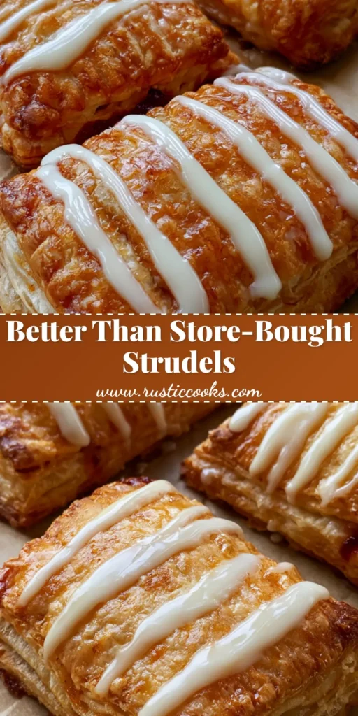Homemade Toaster Strudel with Flaky Puff Pastry and Strawberry Filling 3 Three rectangular Homemade Toaster Strudels with golden-brown flaky layers and white icing zig-zags on parchment paper.