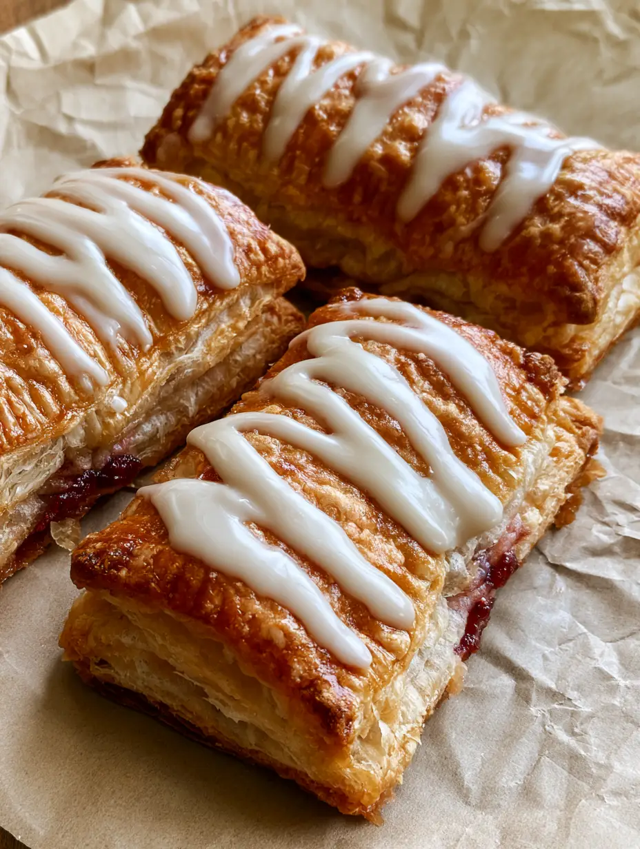 Homemade Toaster Strudel with Flaky Puff Pastry and Strawberry Filling 4 Close-up handheld photo of three Homemade Toaster Strudels showing crispy, buttery edges and vanilla icing.