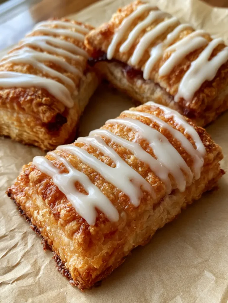 Homemade Toaster Strudel with Flaky Puff Pastry and Strawberry Filling 1 A sharp focus on the hardened white glaze and golden-brown pastry flakes of a Homemade Toaster Strudel.