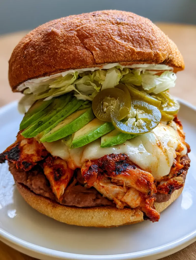 Close up of a Chicken Torta Sandwich showing the reddish-orange spice rub on shredded chicken and translucent pickled jalapeño slices.