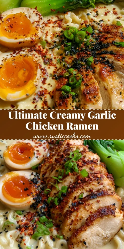 Creamy Garlic Chicken Ramen with Jammy Eggs and Baby Bok Choy 4 A top-down view of Creamy Garlic Chicken Ramen in a matte black bowl with jammy eggs and golden-brown chicken.