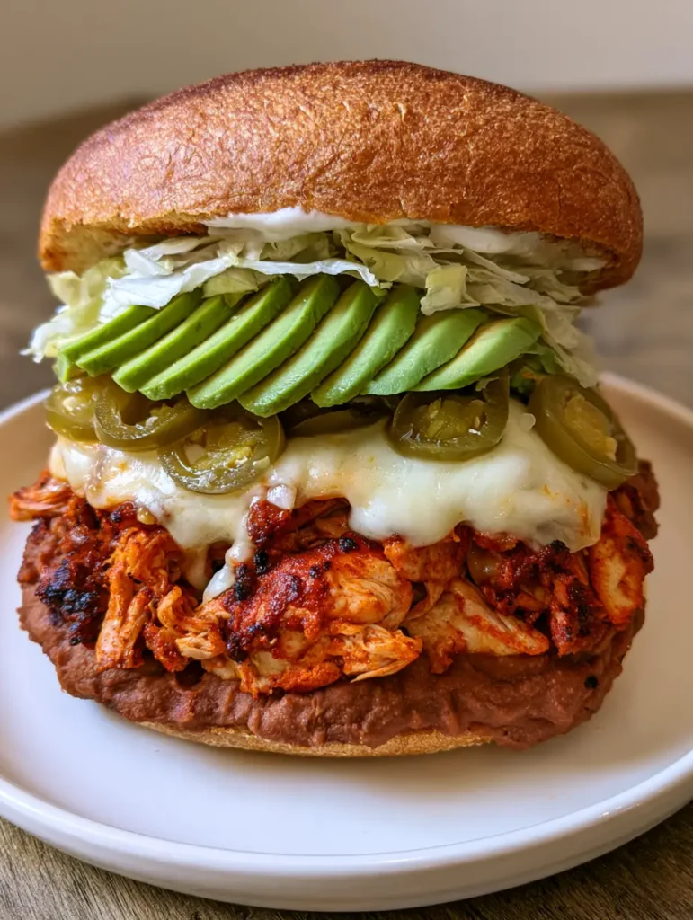 A side view of the Chicken Torta Sandwich featuring thick fan-spread avocado and melted white Oaxaca cheese tucked under a golden telera bun.
