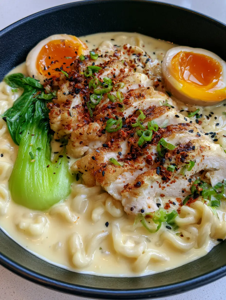 Creamy Garlic Chicken Ramen with Jammy Eggs and Baby Bok Choy 3 Close-up of wavy ramen noodles submerged in a dense pale-yellow creamy garlic sauce with seared chicken. (Creamy Garlic Chicken Ramen)