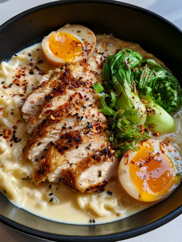 Creamy Garlic Chicken Ramen with Jammy Eggs and Baby Bok Choy 1 A handheld smartphone photo of Creamy Garlic Chicken Ramen showing vibrant orange jammy yolks and green scallions.