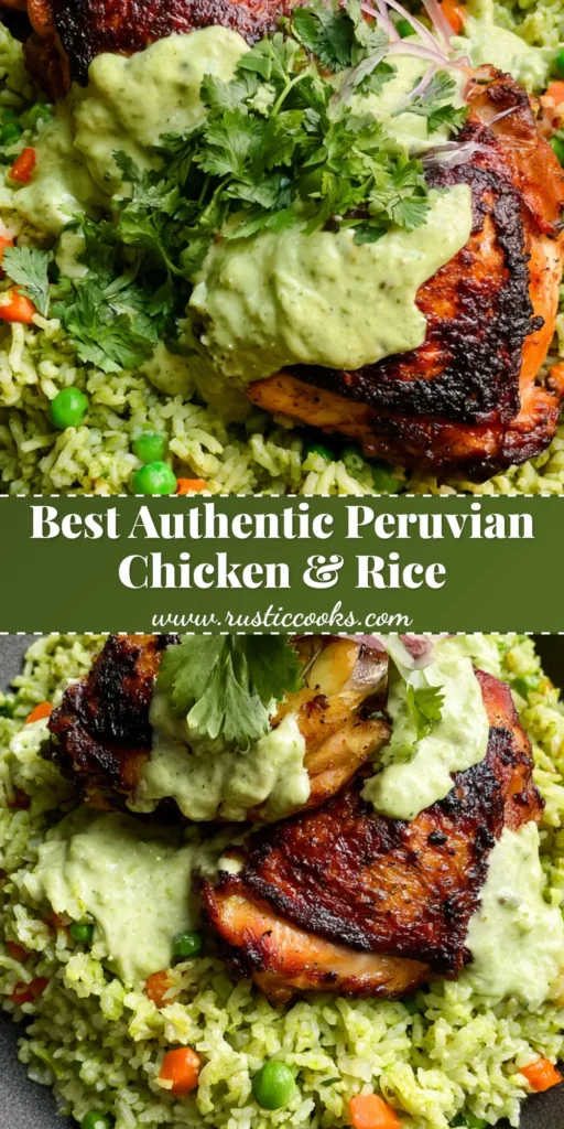 Peruvian Chicken and Rice with Creamy Aji Verde Sauce 3 A rustic dark bowl filled with vibrant green cilantro rice, topped with two crispy golden-brown bone-in chicken thighs and drizzled with pale-green Aji Verde sauce. (Peruvian Chicken and Rice)