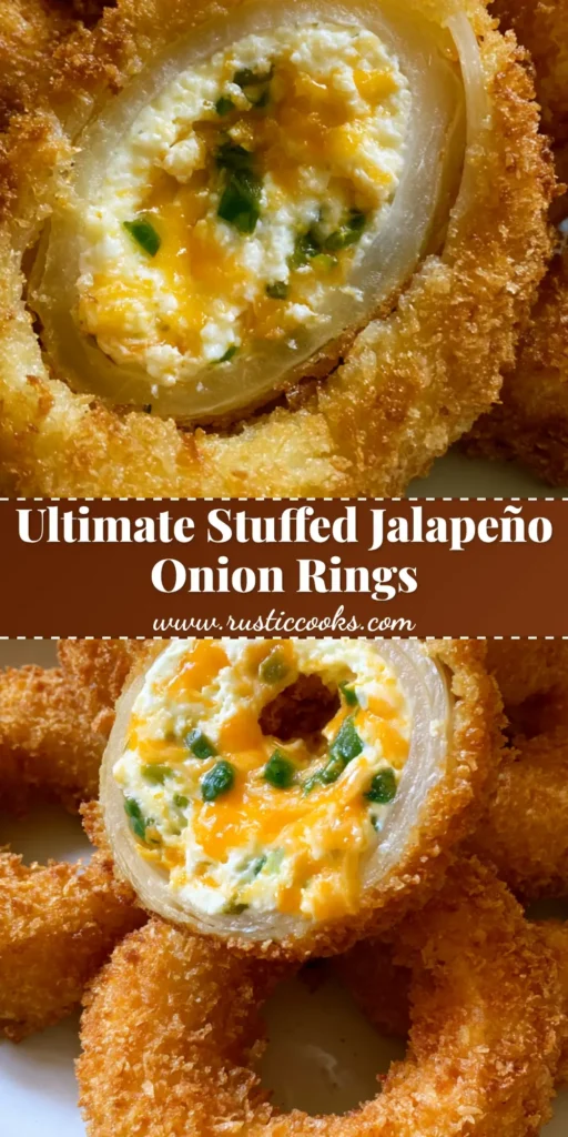 Jalapeño Popper Stuffed Onion Rings: The Ultimate Crunchy Game Day Appetizer 4 A stack of golden-brown Jalapeño Popper Stuffed Onion Rings on a white plate showing a cheesy jalapeño center.