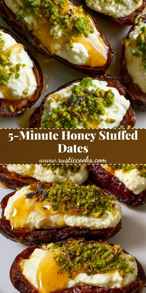 Stuffed Dates with Whipped Ricotta, Honey, and Roasted Pistachios 4 A minimalist white plate featuring five Medjool Stuffed Dates filled with white whipped ricotta, honey, and pistachios.