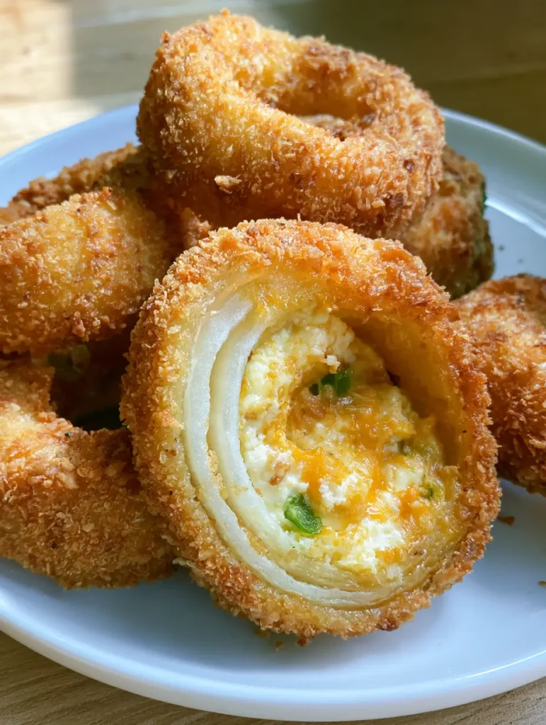 Handheld smartphone photo of Jalapeño Popper Stuffed Onion Rings with a crunchy panko crust and cross-section.