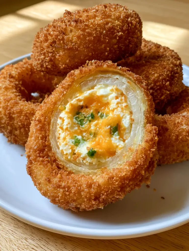 Jalapeño Popper Stuffed Onion Rings: The Ultimate Crunchy Game Day Appetizer 1 Close-up cross-section of a stuffed onion ring showing white cream cheese and melted orange cheddar with green jalapeños.