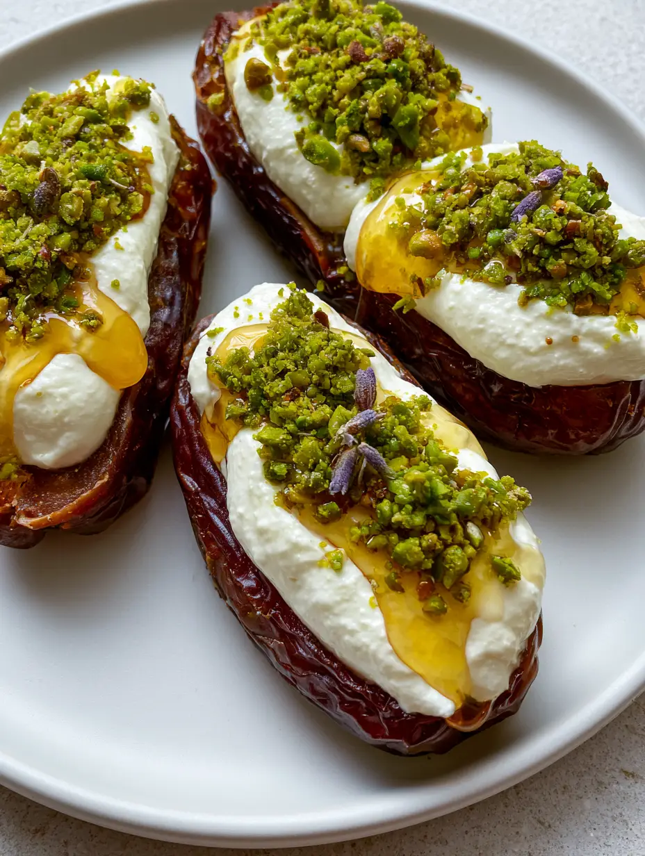 Stuffed Dates with Whipped Ricotta, Honey, and Roasted Pistachios 3 Close-up handheld photo of five Stuffed Dates on a white ceramic plate with a honey drizzle and lavender garnish.