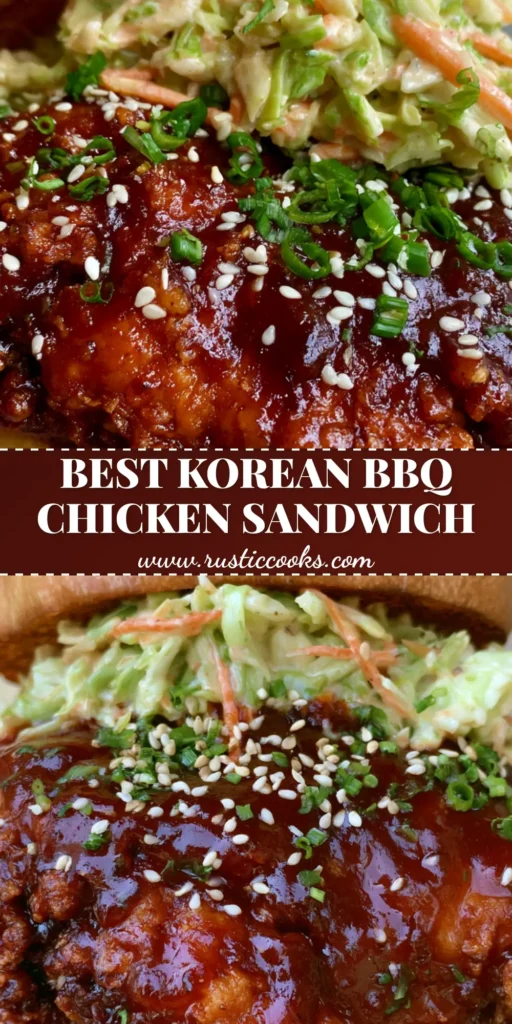 Korean BBQ Chicken Sandwich: The Ultimate Crispy and Glossy Recipe 3 Handheld photo of a Korean BBQ Chicken Sandwich with glossy dark-red sauce, creamy coleslaw, and scallions on a toasted potato bun.