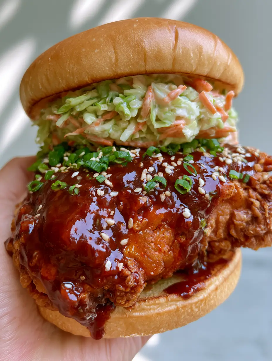 Korean BBQ Chicken Sandwich: The Ultimate Crispy and Glossy Recipe 4 Close-up of crispy fried chicken coated in glossy dark reddish-brown Korean BBQ sauce with sesame seeds. (Korean BBQ Chicken Sandwich)