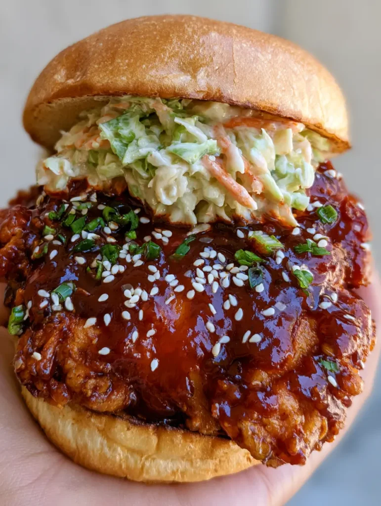 Korean BBQ Chicken Sandwich: The Ultimate Crispy and Glossy Recipe 1 A handheld perspective of a Korean BBQ Chicken Sandwich featuring thick chicken, shredded cabbage, and carrots.