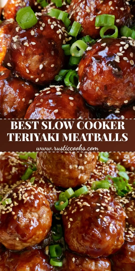 Slow Cooker Teriyaki Meatballs: The Ultimate Glossy and Sticky Crockpot Appetizer 4 A close-up of Slow Cooker Teriyaki Meatballs in a white ceramic insert, coated in a thick glossy dark amber glaze and topped with sesame seeds and green onions.