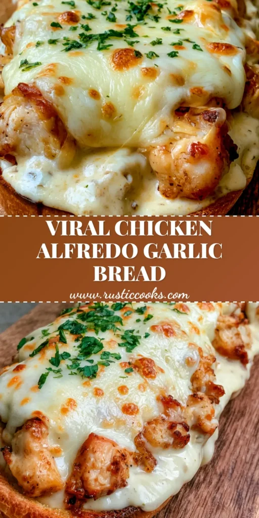 Chicken Alfredo Garlic Bread: The Ultimate Cheesy Comfort Food Mashup 3 A handheld smartphone photo of a long loaf of French bread sliced lengthwise on a rustic wooden board, topped with velvety Alfredo sauce, golden-brown chicken breast pieces, and melted mozzarella cheese with golden spots and fresh parsley. (Chicken Alfredo Garlic Bread)
