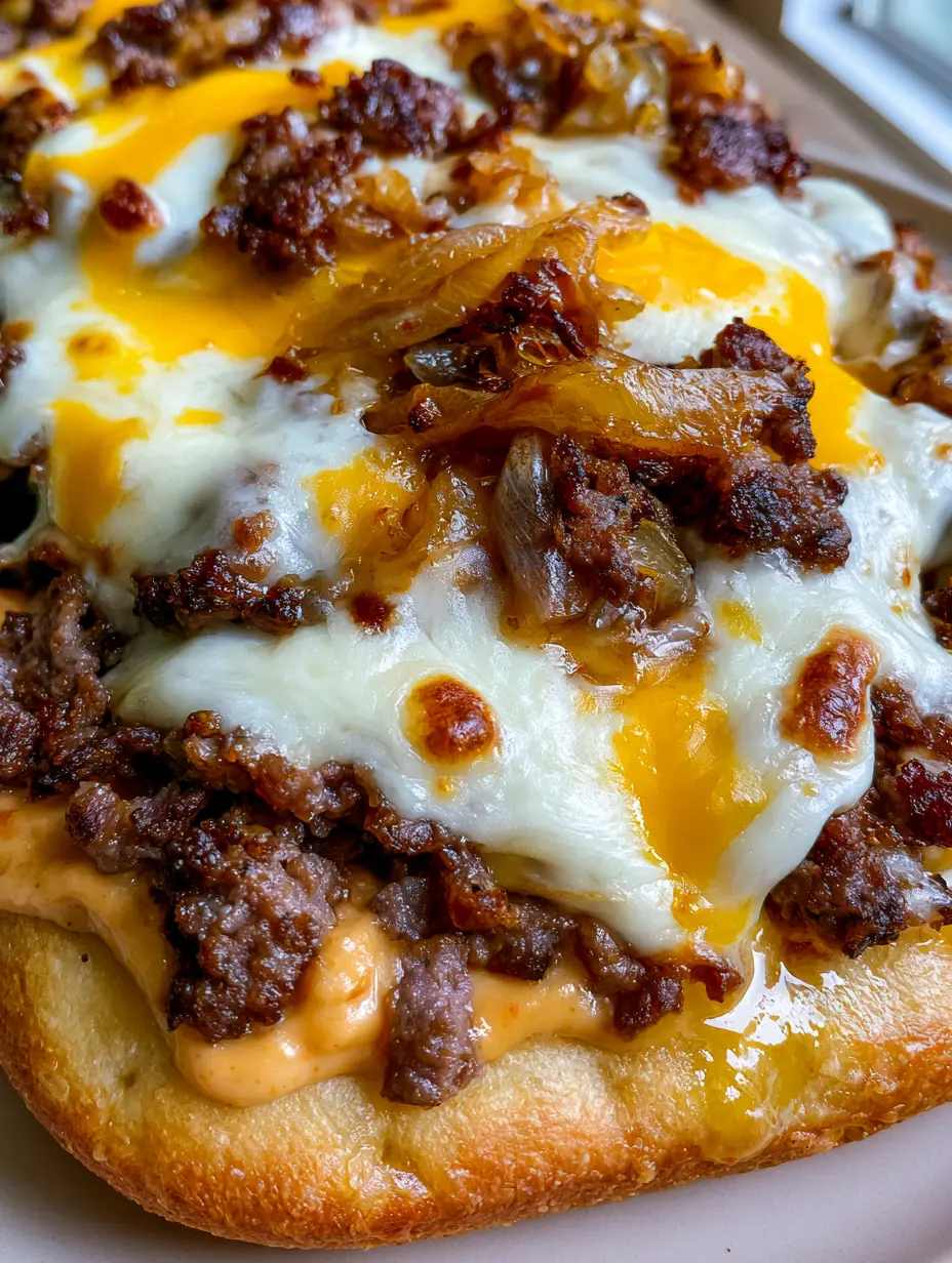 Patty Melt Pizza: The Ultimate Focaccia-Crust Comfort Mashup 3 Close-up handheld photo of Patty Melt Pizza with translucent caramelized onions and melted cheese bubbles.