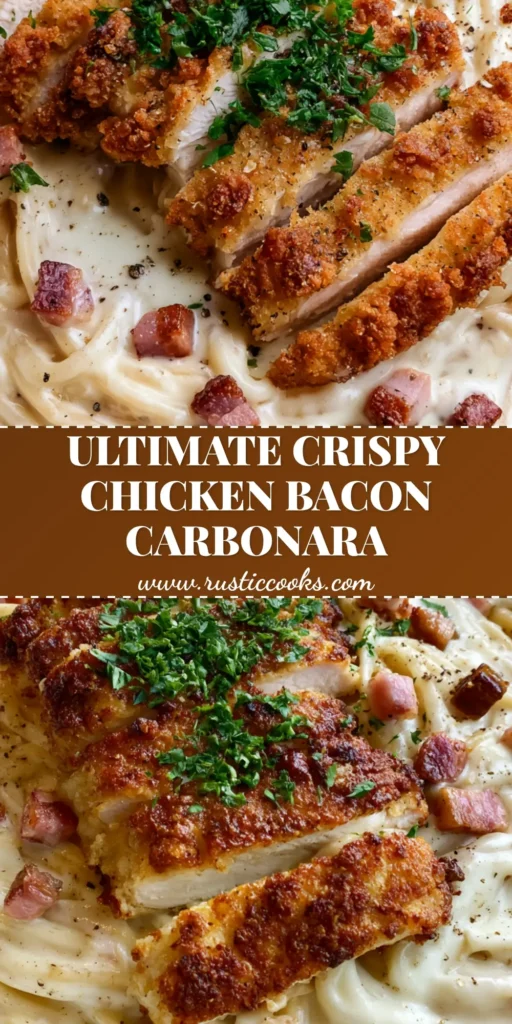 Chicken Bacon Carbonara: The Ultimate Crispy & Creamy Comfort Food 4 A close-up of Chicken Bacon Carbonara in a white bowl featuring al dente spaghetti, thick white sauce, and crispy breaded chicken.