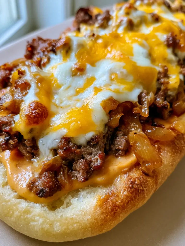 Patty Melt Pizza: The Ultimate Focaccia-Crust Comfort Mashup 1 Patty Melt Pizza slice showing the thick focaccia base and well-seared ground beef crumbles.