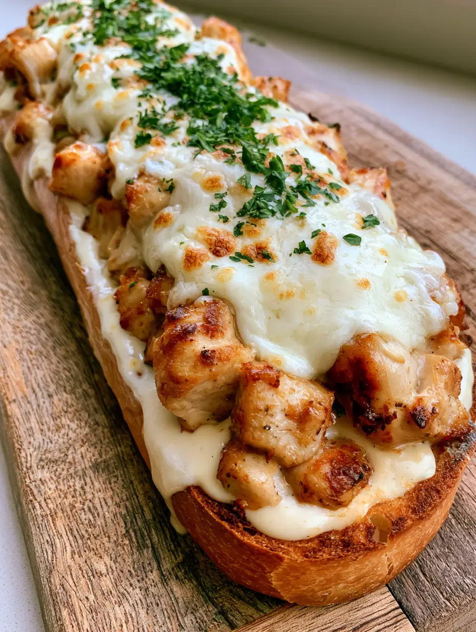 Chicken Alfredo Garlic Bread: The Ultimate Cheesy Comfort Food Mashup 4 Close up shot of Chicken Alfredo Garlic Bread showing the thick blanket of melted mozzarella and chunks of seared chicken on toasted French bread. (Chicken Alfredo Garlic Bread)