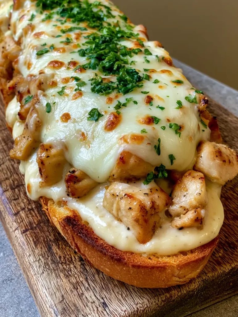 Chicken Alfredo Garlic Bread: The Ultimate Cheesy Comfort Food Mashup 1 Overhead view of Chicken Alfredo Garlic Bread on a wooden cutting board garnished with finely chopped fresh green parsley.