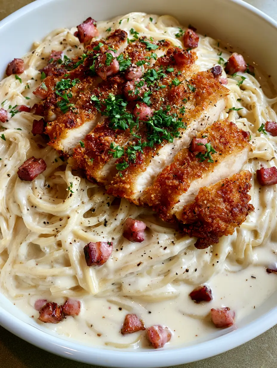 Chicken Bacon Carbonara: The Ultimate Crispy & Creamy Comfort Food 3 A handheld smartphone photo of Chicken Bacon Carbonara in a white bowl with golden-brown chicken and seared bacon. (Chicken Bacon Carbonara)
