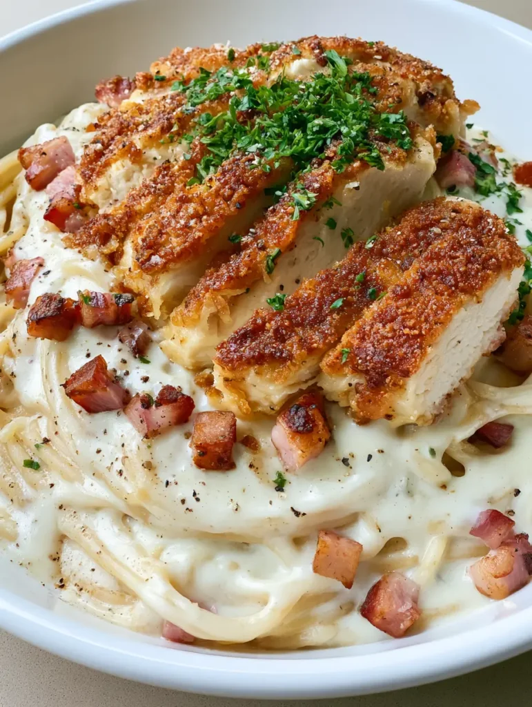 Chicken Bacon Carbonara: The Ultimate Crispy & Creamy Comfort Food 1 Detailed view of seared bacon squares and cracked black pepper garnish on Chicken Bacon Carbonara.