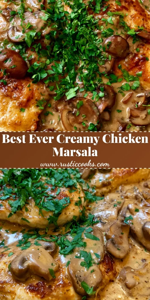 Chicken Marsala with Creamy Mushroom Sauce and Pan-Seared Perfection 3 A top-down view of golden-brown Chicken Marsala in a cast iron skillet with creamy mushroom sauce and fresh parsley garnish.