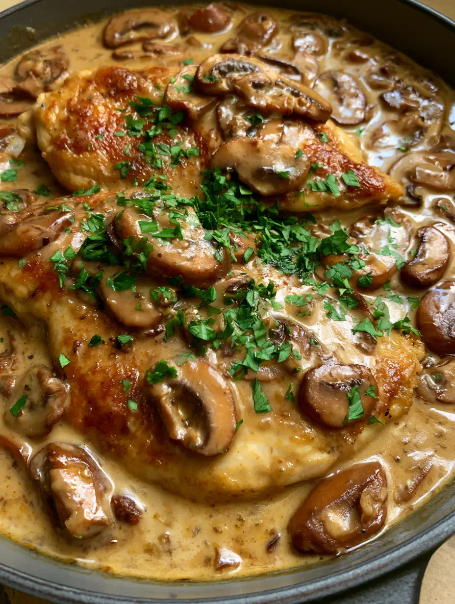 Chicken Marsala with Creamy Mushroom Sauce and Pan-Seared Perfection 4 Close up handheld photo of golden pan-seared chicken cutlets submerged in glossy light-brown Marsala sauce with sliced cremini mushrooms.