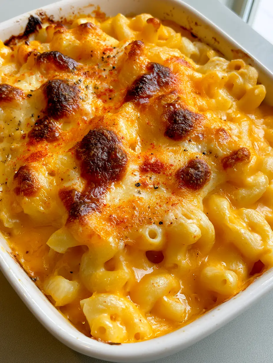 Creamy Baked Macaroni and Cheese served in a rectangular white porcelain dish with bubbling sauce and dark toasted cheese edges.