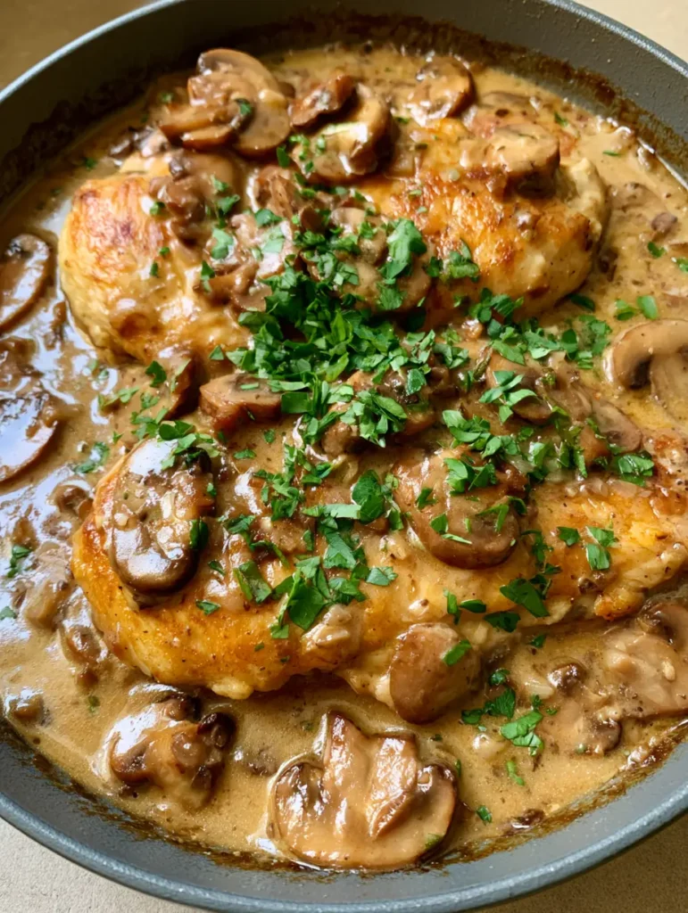Chicken Marsala with Creamy Mushroom Sauce and Pan-Seared Perfection 1 Dark grey cast iron skillet containing thick, creamy Chicken Marsala topped with a generous scatter of fresh green flat-leaf parsley.