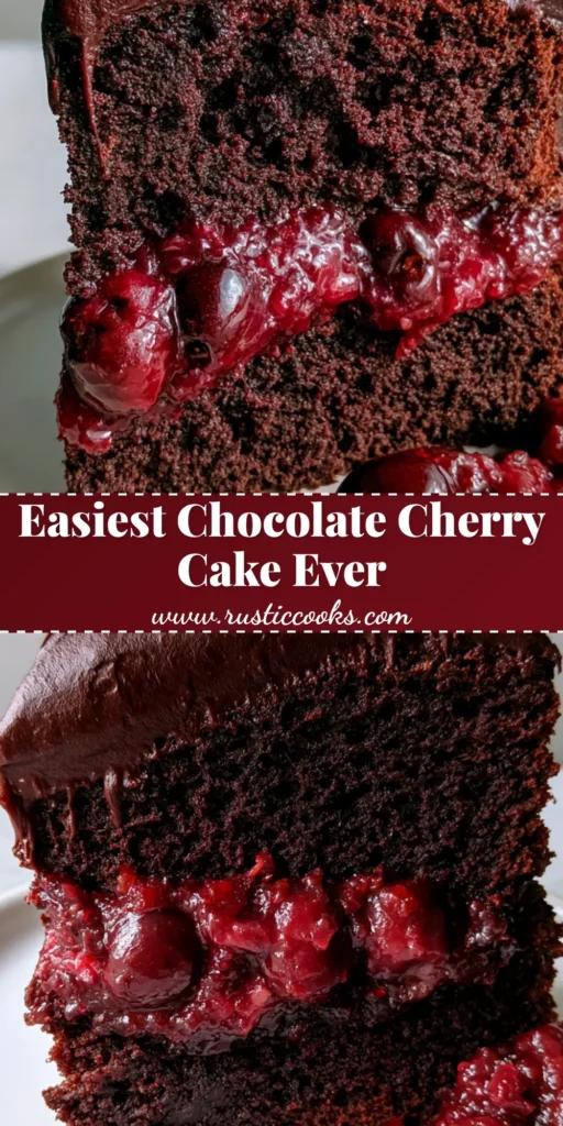 A tall slice of Chocolate Cake with Cherry Pie Filling standing upright, showing dense cocoa layers and whole red cherries with a ganache drip.