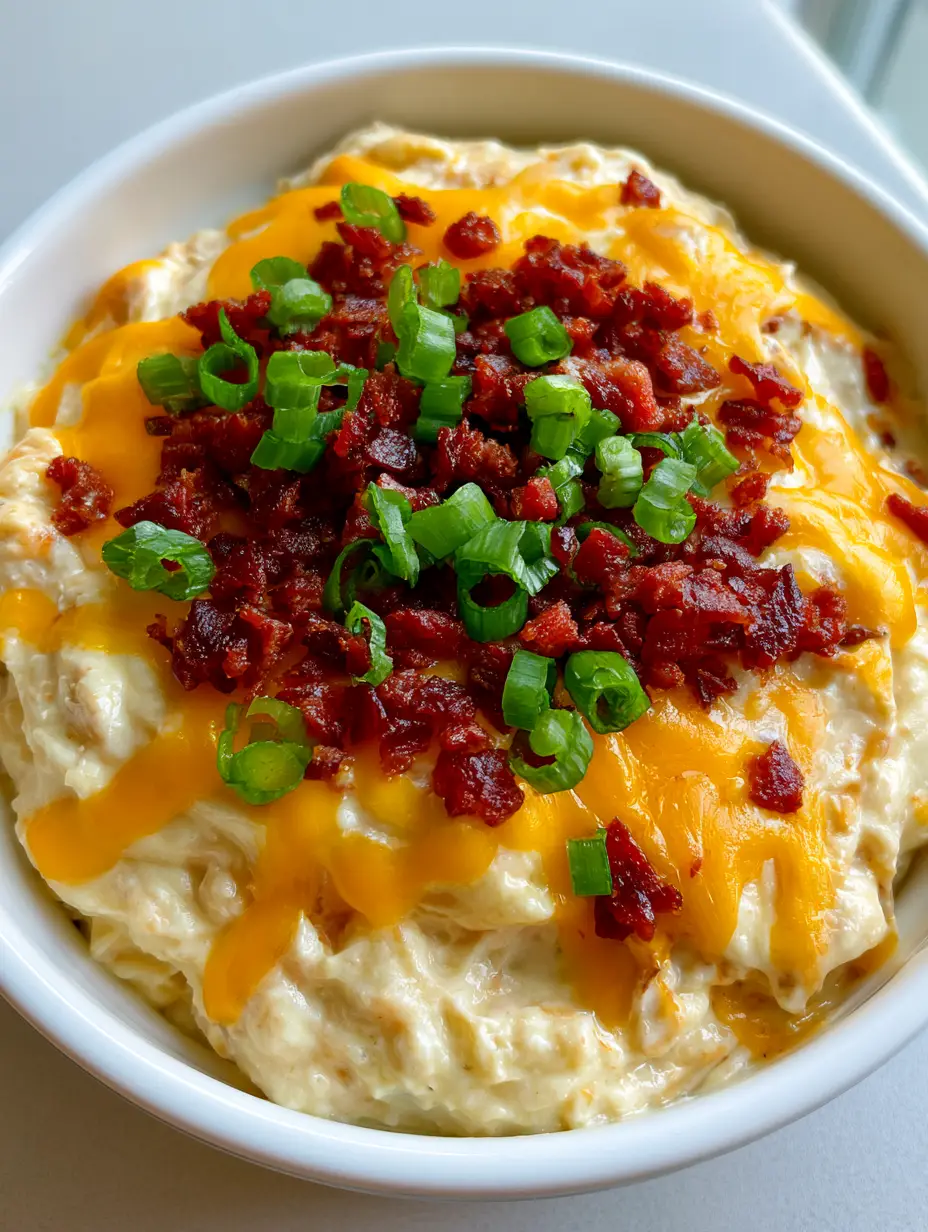 Slow Cooker Crack Chicken: The Ultimate Creamy Ranch & Bacon Comfort Food 3 Close-up high-angle shot of creamy Slow Cooker Crack Chicken in a white ceramic bowl with green onion garnish. (Slow Cooker Crack Chicken)