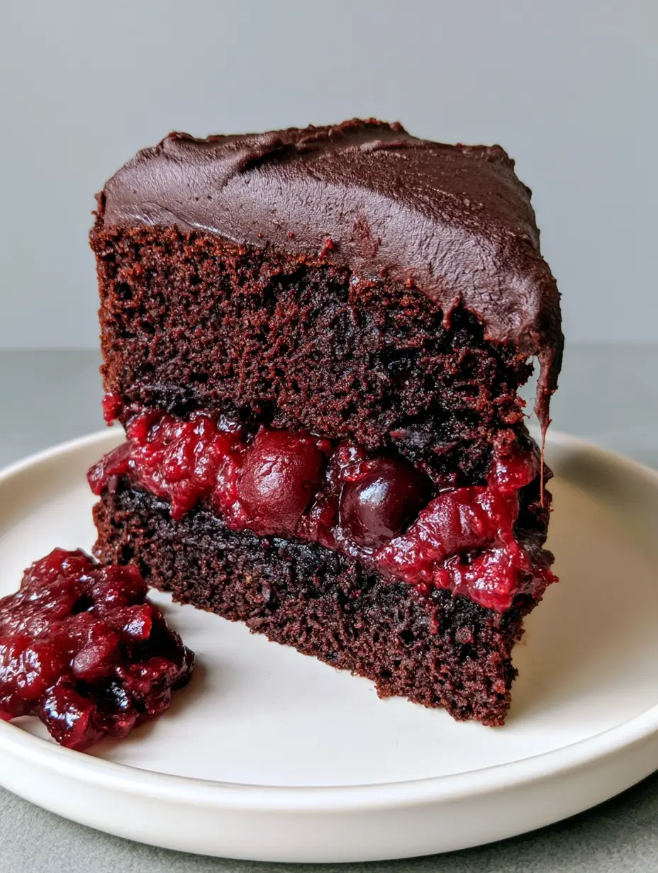 Side view of a chocolate cake slice with thick cherry pie filling sandwiched between two dark chocolate layers. (Chocolate Cake with Cherry Pie Filling)
