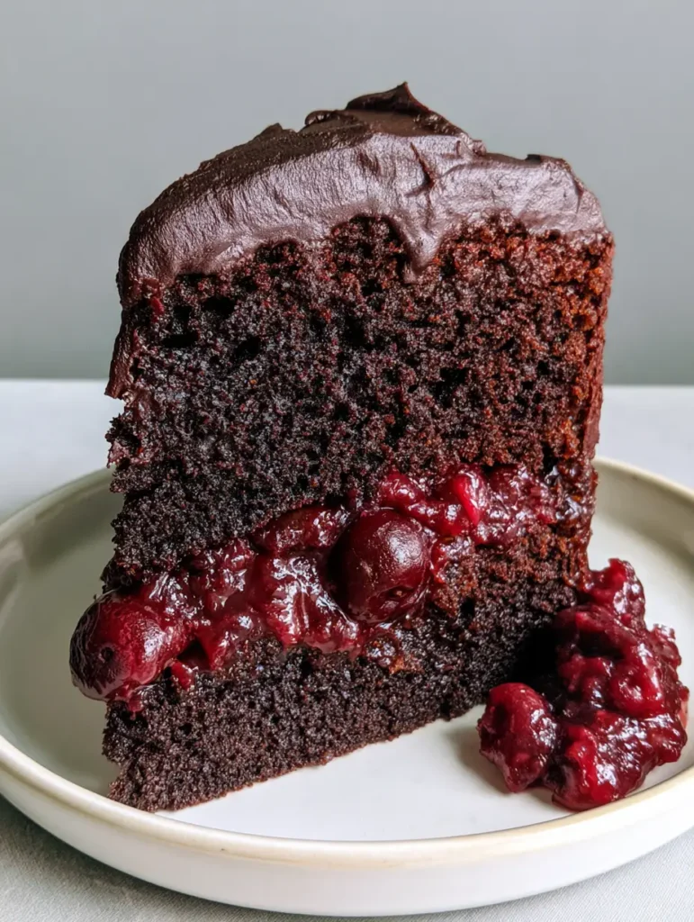 A close up of the glossy cherry pie filling inside a moist chocolate layer cake with matte chocolate frosting.