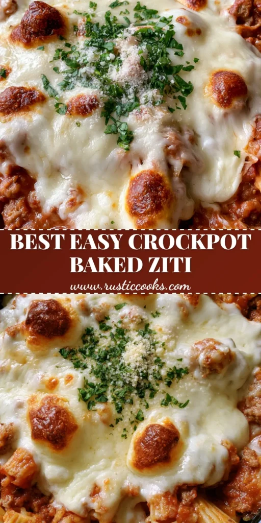 Slow Cooker Baked Ziti with Toasted Mozzarella and Savory Beef 4 A handheld smartphone photo of a black ceramic slow cooker filled with Slow Cooker Baked Ziti, featuring toasted golden-brown mozzarella cheese and fresh parsley garnish.