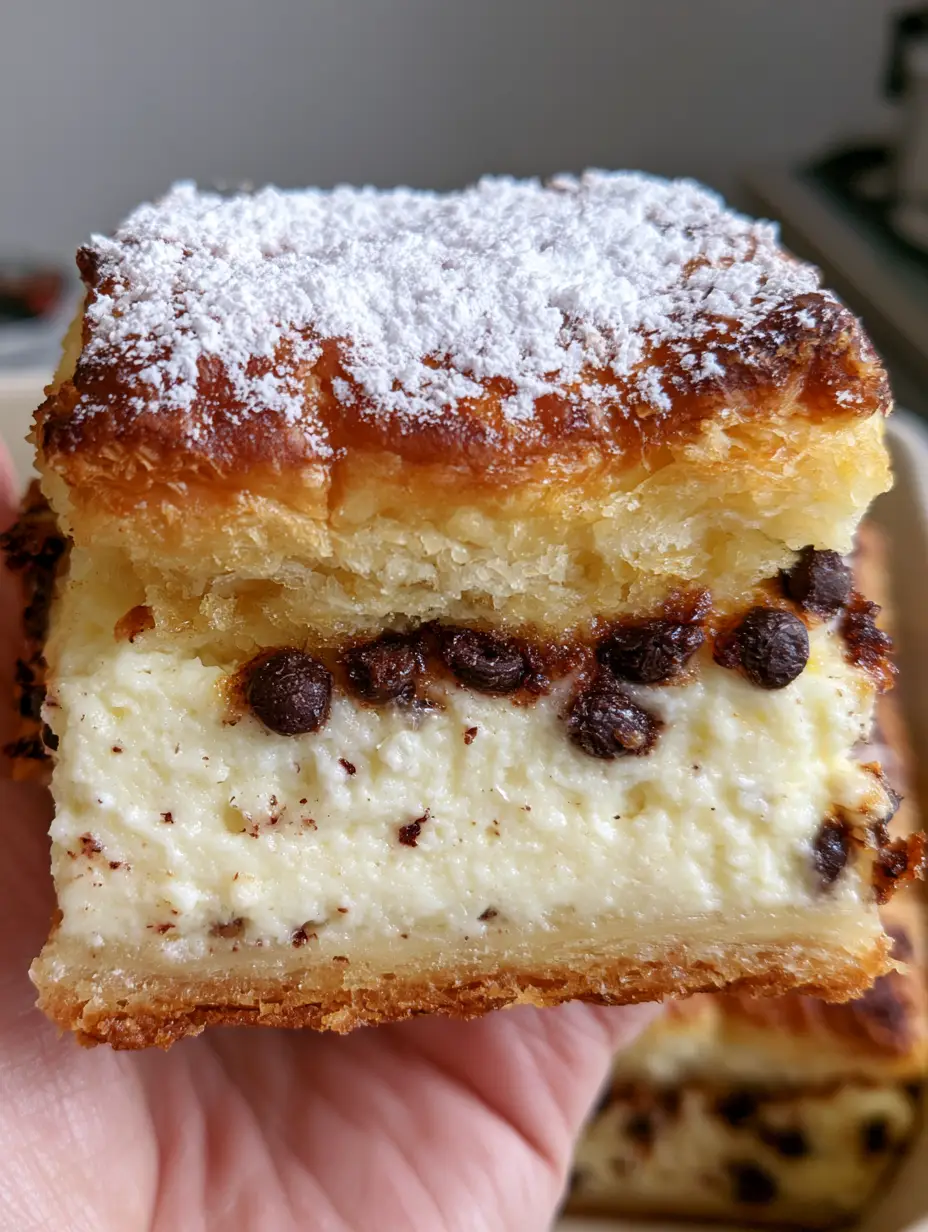 Ricotta Cannoli Squares: The Ultimate Flaky Italian Dessert Bars 3 Close up of a single Ricotta Cannoli Square held up to show the dense cheese filling and flaky pastry layers. (Ricotta Cannoli Squares)