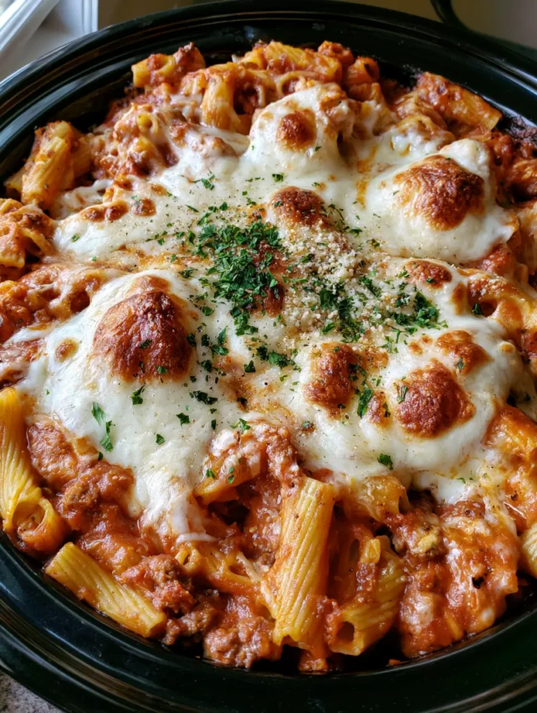 Slow Cooker Baked Ziti with Toasted Mozzarella and Savory Beef 2 Close up of ridged ziti pasta tossed in thick marinara with browned ground beef crumbles inside a black slow cooker. (Slow Cooker Baked Ziti)