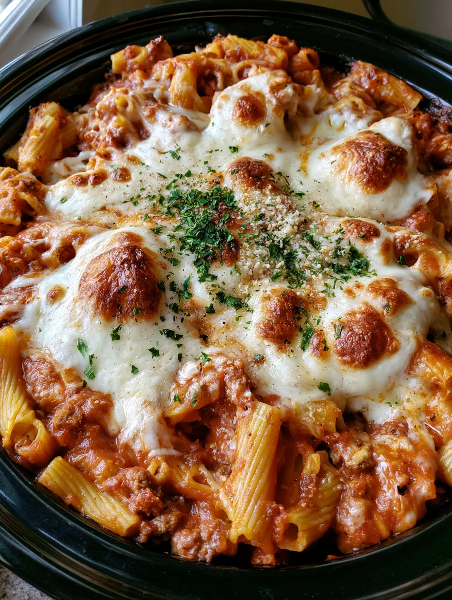 Slow Cooker Baked Ziti with Toasted Mozzarella and Savory Beef 3 Close up of ridged ziti pasta tossed in thick marinara with browned ground beef crumbles inside a black slow cooker. (Slow Cooker Baked Ziti)