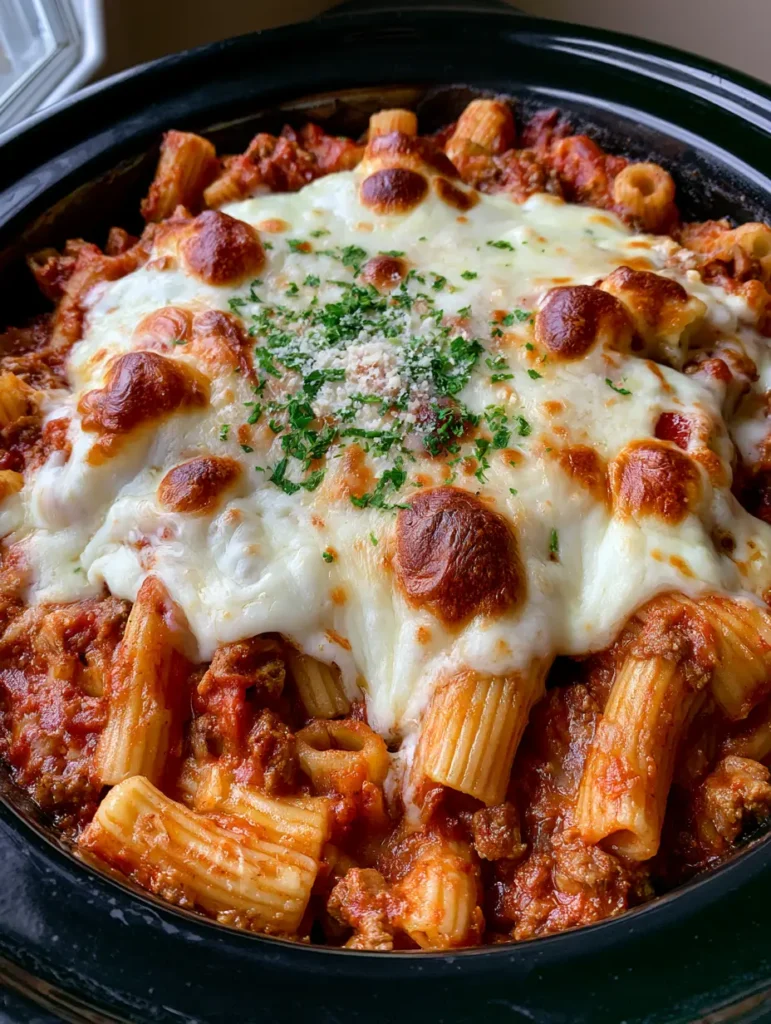 Slow Cooker Baked Ziti with Toasted Mozzarella and Savory Beef 1 Slow Cooker Baked Ziti showing a heavy blanket of melted white mozzarella cheese with golden-brown toasted spots and green parsley.