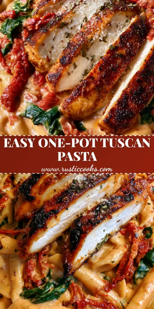 A shallow white bowl filled with One-Pot Tuscan Chicken Pasta, featuring al dente penne in a pale-orange sauce with sliced seared chicken and sun-dried tomatoes.