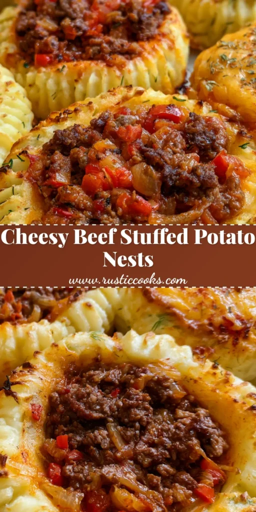 Stuffed Mashed Potato Nests: The Ultimate Crispy and Savory Comfort Food 4 A close-up shot of golden-brown Stuffed Mashed Potato Nests on a baking sheet, featuring piped ridged edges and a savory beef center topped with melted cheese.